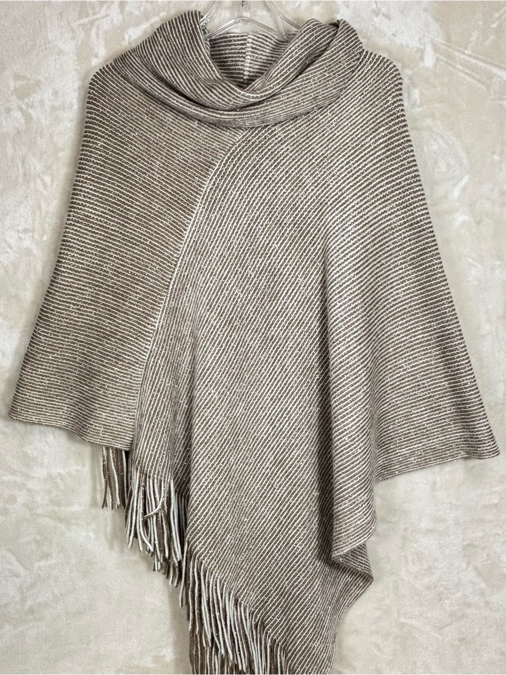 Chicos Metallic Gold Striped Poncho One Size Cowl Neck Fringed Knit Quiet Luxury